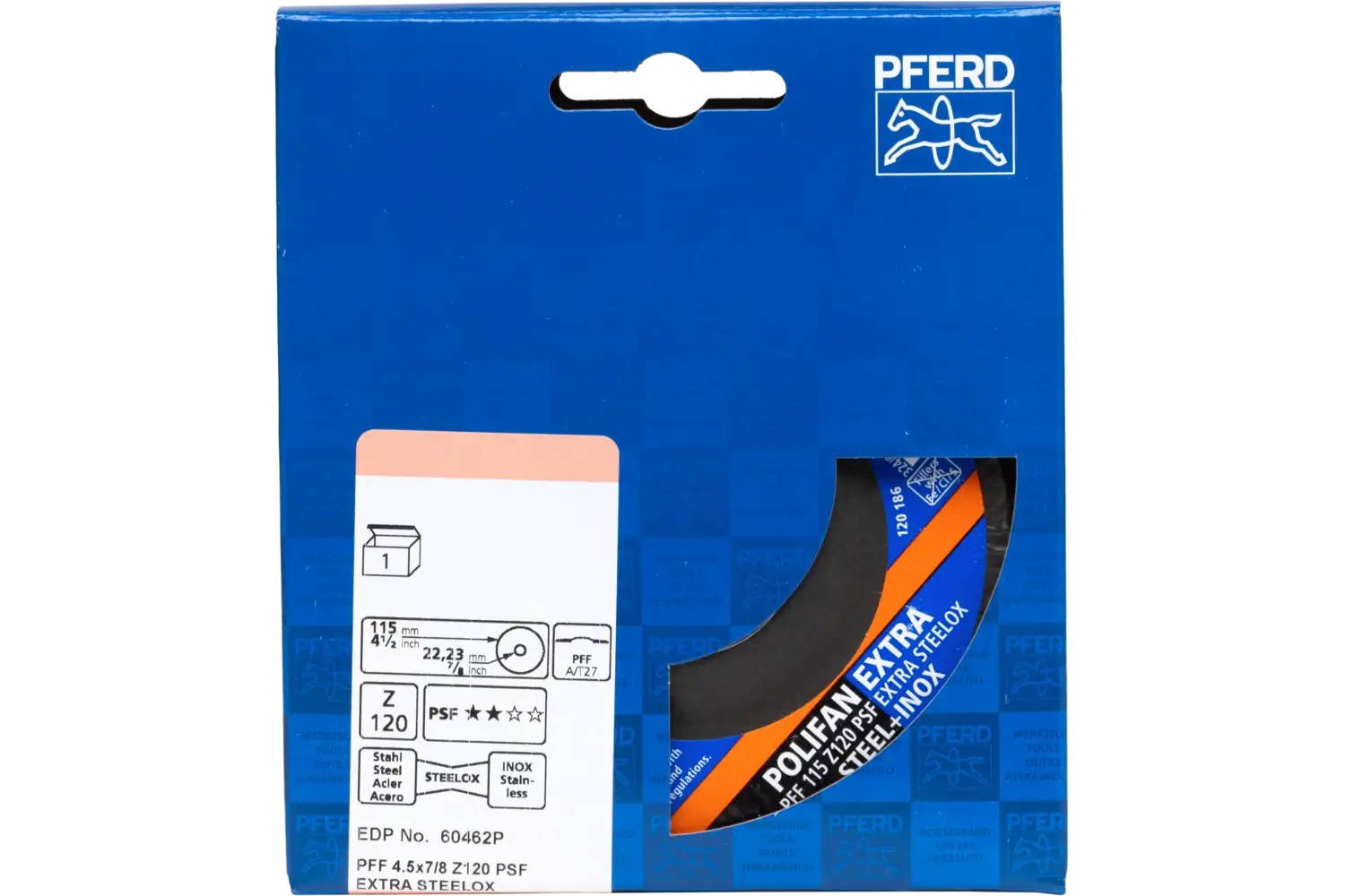 Picture of Pferd Flap Disc, 4-1/2"x7/8, Z PSF Extra Steelox, 120 Grit, T27, Flat, Zirconia, 5PK